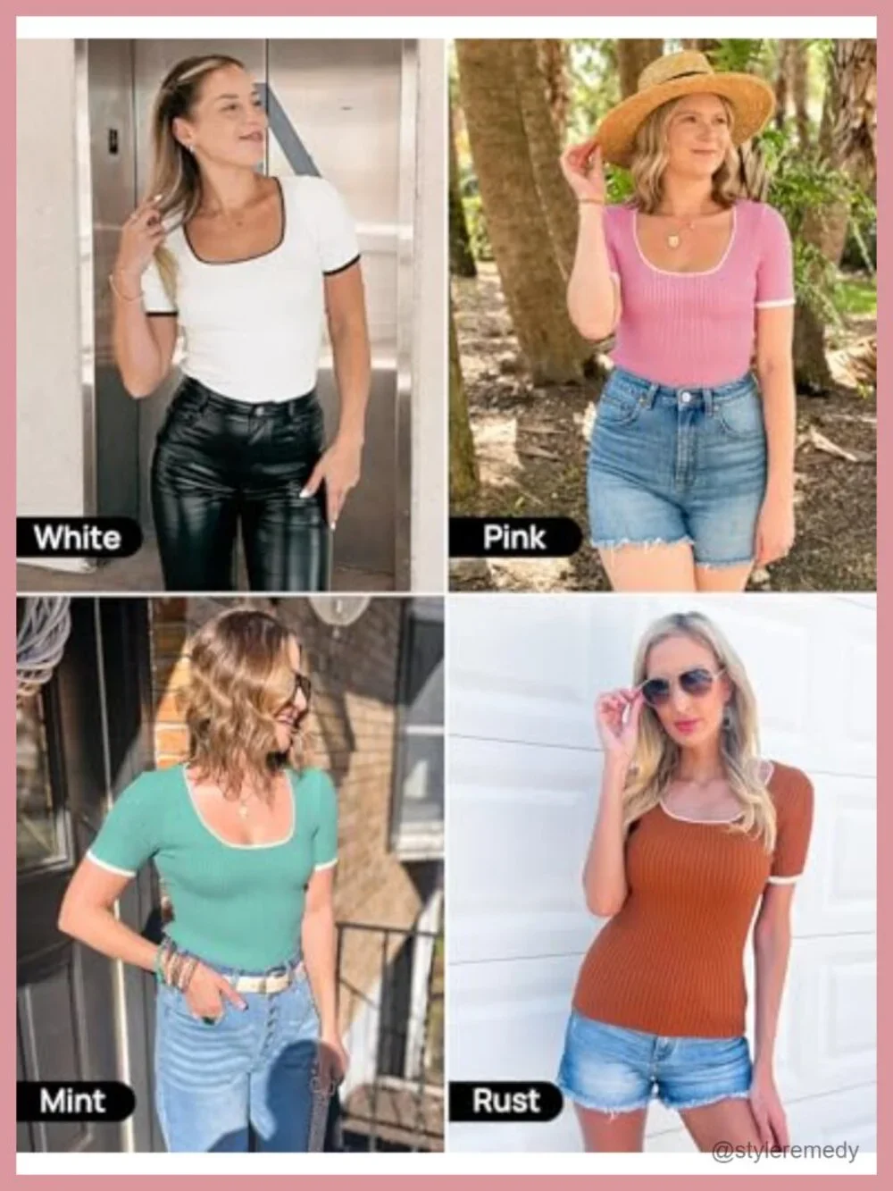 Short Sleeve Square Neck Color Block Ribbed Knit Crop Tee